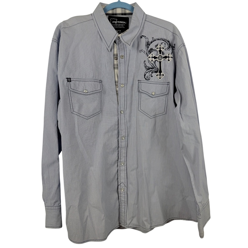 Petrol Mens XL Blue Striped Button Down Shirt Gothic Cross Embroidered PT02067